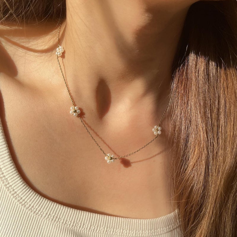 PRTGL Store Pearl Necklace: 14K Gold-Plated/White Gold-plated Pearl Necklace for Women 16.5” + 2” - Image 3